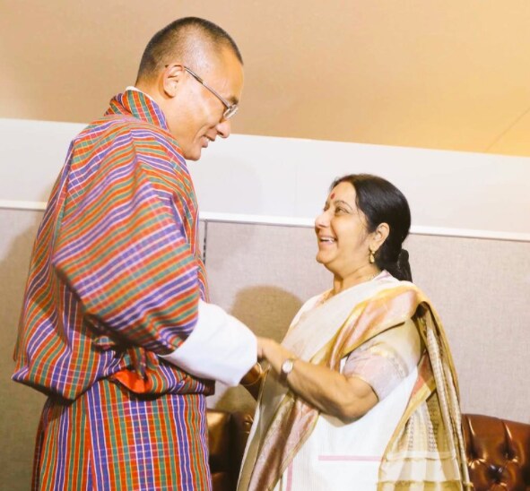 Bhutan's Prime Minister Tshering Tobgay and Sushma Swaraj.